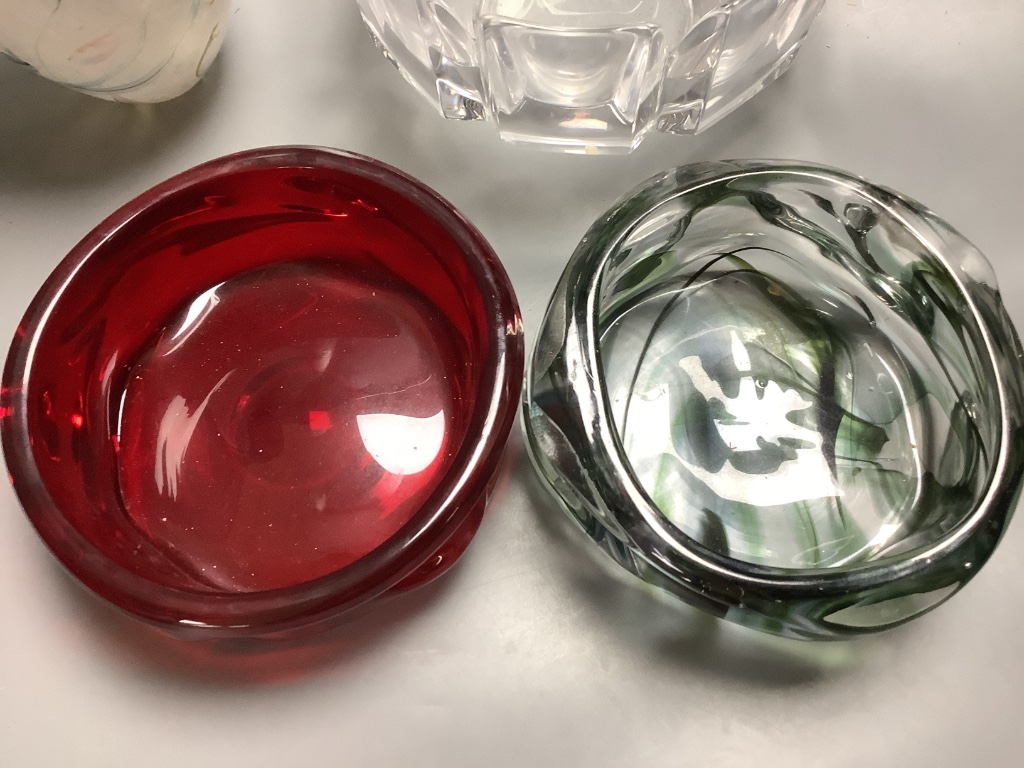 An Orrefors glass bowl, a Whitefriars bowl and two others, largest 25cm